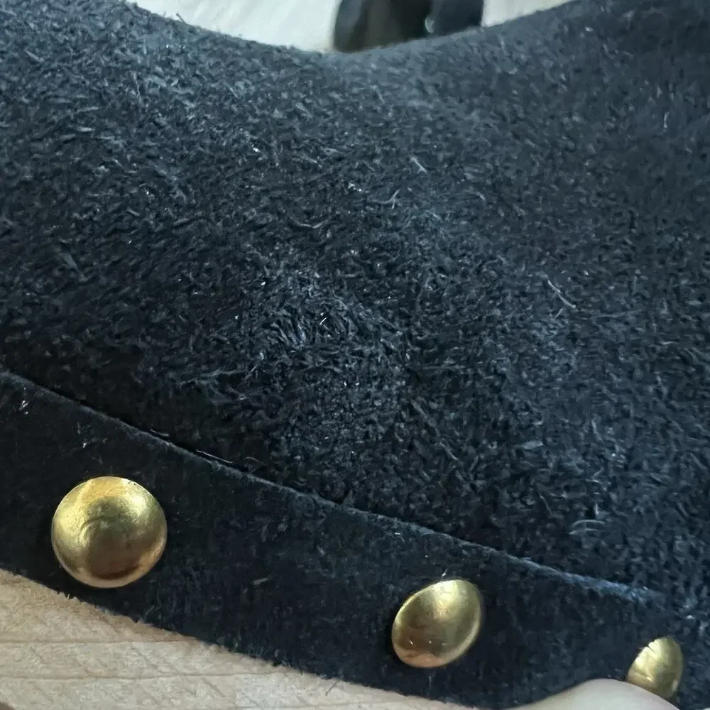 J. CREW Faux Fur Lined Chelsea Clog Boots Black Suede Leather Sz 6 Gold Studded